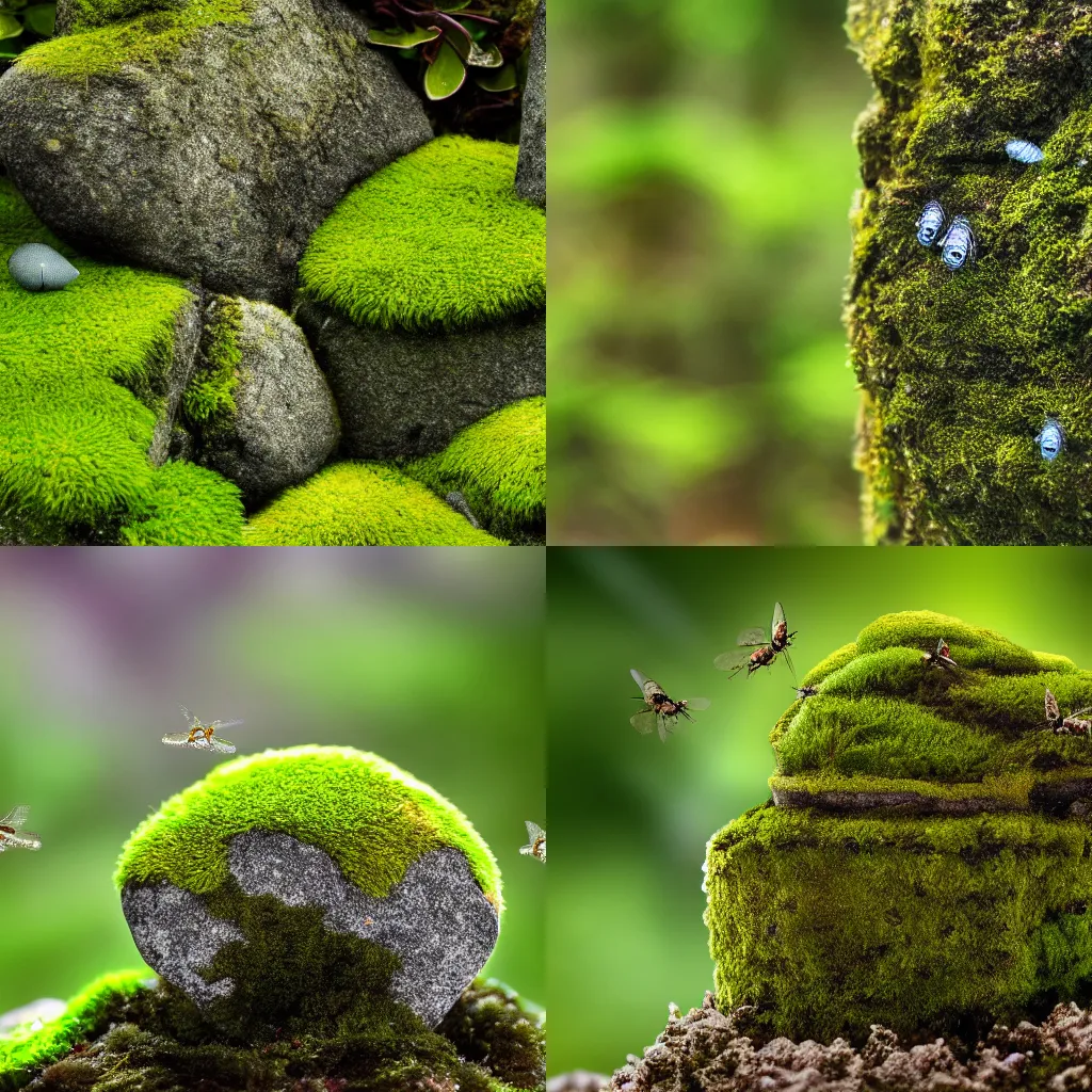 Prompt: Award Winning Photo Of Mossy Rock With Tiny Bushes And Flys Flying Around, 4K, Photorealistic