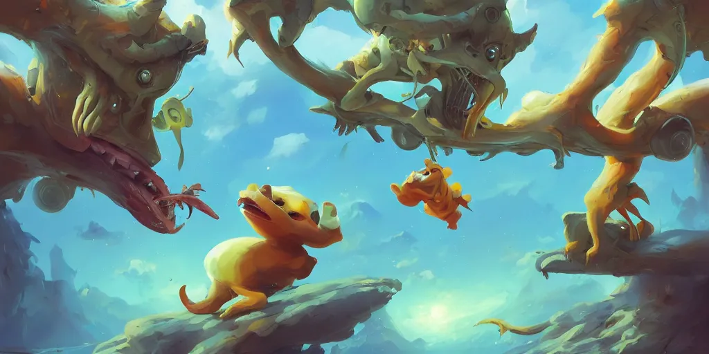 Image similar to Aesthetic landscape painting of cute alien animals playing with each other , cgsociety, fantasy art, concept art , ambient occlusion, behance hd , concept art by Jesper Ejsing, by RHADS, Makoto Shinkai Cyril Rolando