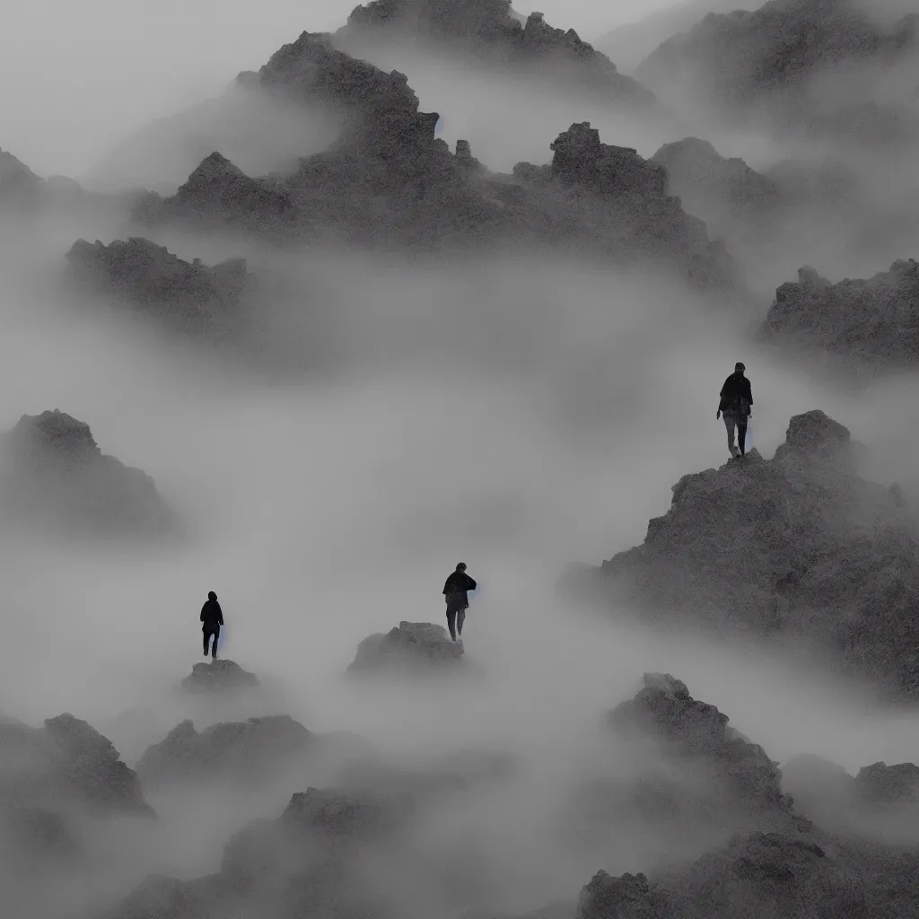 Image similar to a man walking up a set of stairs in the clouds, an ambient occlusion render by wang yuan, cg society contest winner, interactive art, made of mist