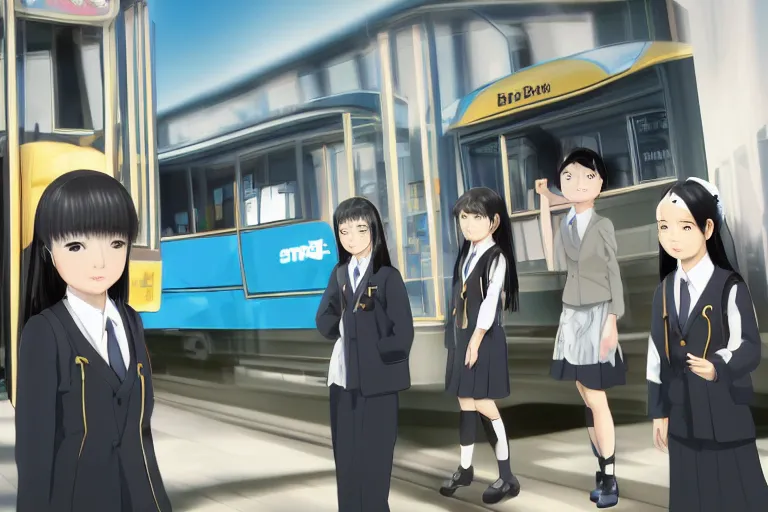 Prompt: japanese style, a 1 5 - year - old girl with long black hair, wearing a black uniform and sky blue short skirt, blue pupils, blue tie, carrying a black backpack, watching the tram slowly approaching at the tram stop, surrealism, movie level realism, virtual engine 5, detail texture, real light and dark composition, mixer rendering