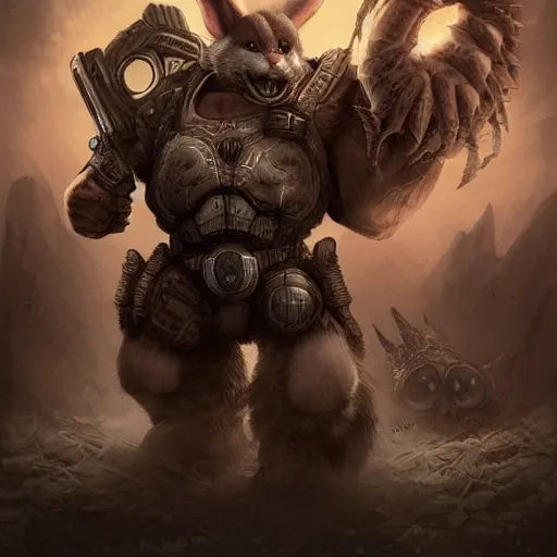 Prompt: cute little anthropomorphic Rabbit and a cool looking Wolf in Gears of War cover art, ultra wide lens shot , tiny, small, rage, short, cute and adorable, scary, brutal, pretty, beautiful, DnD character art portrait, matte fantasy painting, DeviantArt Artstation, by Jason Felix by Steve Argyle by Tyler Jacobson by Peter Mohrbacher, cinematic lighting