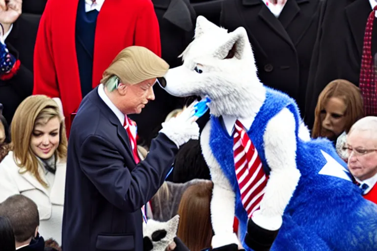 Image similar to photo of the usa presidential inauguration, a wolf fursuiter being inaugurated as president