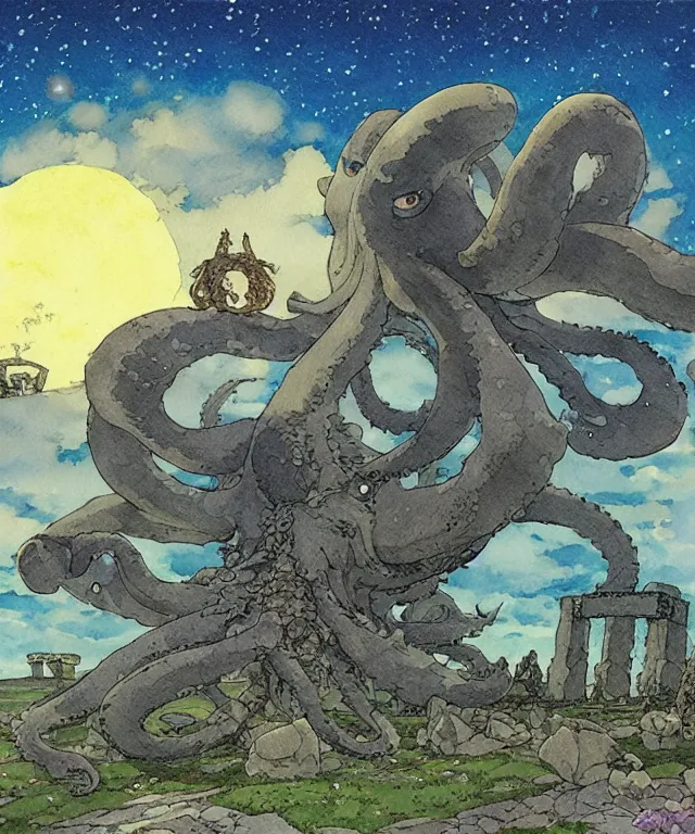 Image similar to a hyperrealist studio ghibli watercolor fantasy concept art. in the foreground is a giant grey octopus lifting and putting stones in to place on top of stonehenge with a starry sky. by rebecca guay, michael kaluta, charles vess