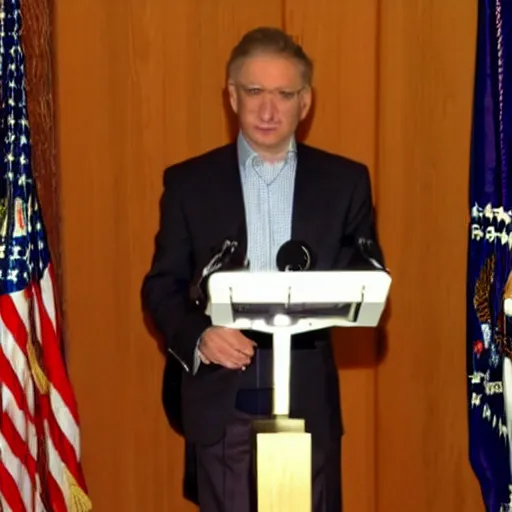 Image similar to string marionette president in a podium giving a press conference