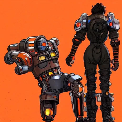Prompt: hector. cyberpunk mechanic dude with robotic legs. orange and black color scheme. concept art by james gurney and mœbius. apex legends character art