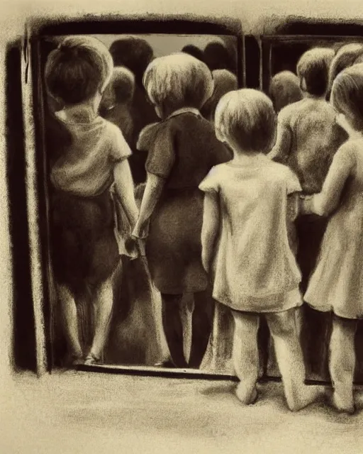 Prompt: group of creep children staring out, black and white character portrait, ultra realistic, concept art, intricate details, war, cinematic, highly detailed by grant wood