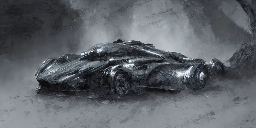 Image similar to the batmobile standing in a very dark and wet cave. highly detailed. intricate. mist. atmospheric. octane render. rim light. photoreal. 8 k. monochrome. cinematic. matte painting imagined by craig mullins and greg rutkowski. concept art, trending on artstation.