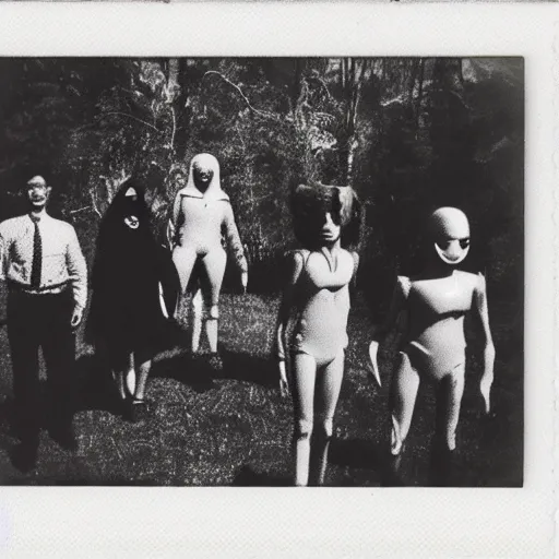 Image similar to polaroid photograph of horrorific extraterrestrial beings visiting earth, 1 9 5 0