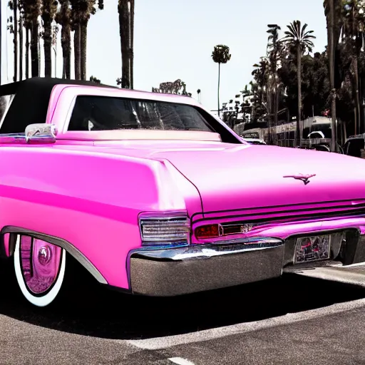 Image similar to Young woman in Los Angeles driving pink lowrider, high contrast, photo