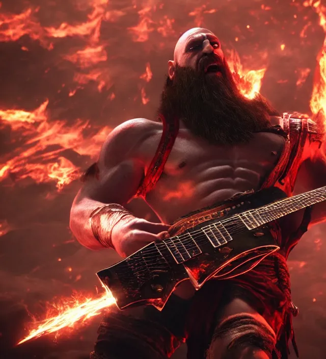 Prompt: rocking kratos shredding on a flaming stratocaster guitar, cinematic render, god of war 2 0 1 8, santa monica studio official media, lightning, stripe over eye