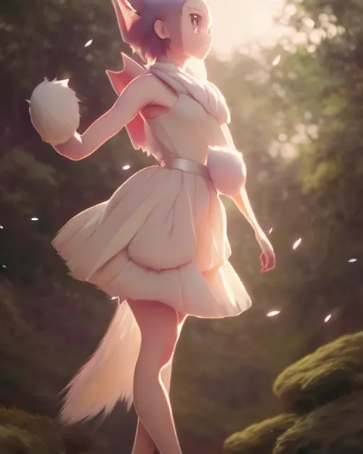 Image similar to photo of eevee pokemon humanisation, in lace brown dress, film still, dslr, by greg rutkowski, ross tran, artgerm, wlop glossy skin, pearlescent, very coherent, cute