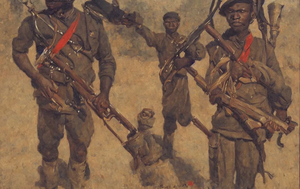 Prompt: portrait of igbo soldier armed with a musket, 1905, oil on canvas, by Abram Arkhipov