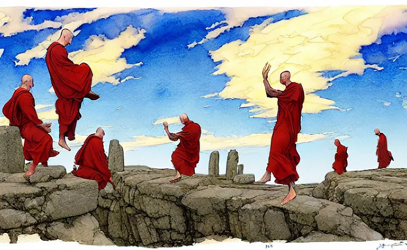 Image similar to a hyperrealist watercolour concept art of a group of colorless medieval monks levitating a huge flat rock in the air over their head. a large stonehenge moneument is in the sky. by rebecca guay, michael kaluta, charles vess and jean moebius giraud. high detail, hq, wide shot