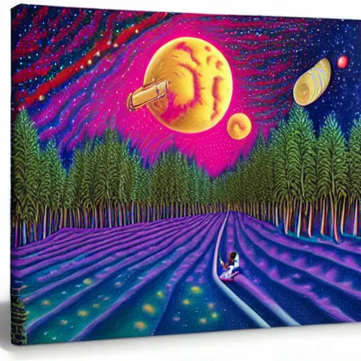 Image similar to psychedelic trippy couch pine forest planets milky way sofa cartoon by rob gonsalves