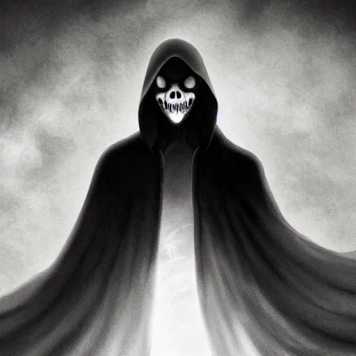 Prompt: a close shot of grim reaper standing in black smoke by studio ghibli, detailed, gloomy, horror, scary, digital art,