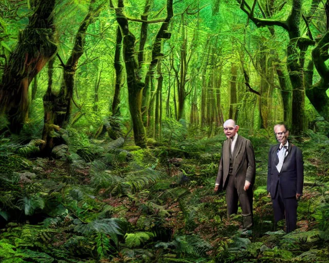 Image similar to edgar cayce and aldous huxley in a forest, epic colorful hyper detailed award winning photography