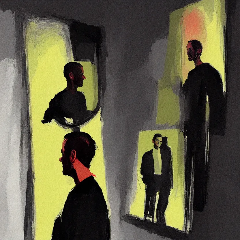 Prompt: a painting of a man standing in front of a mirror in a dark void ambient, a gouache by nathan oliveira and elaine de kooning, cgsociety, figurativism, dark surreal art, painterly, paint strokes, smudged paint, palette knife texture, pencil scribles, digital illustration, artstation