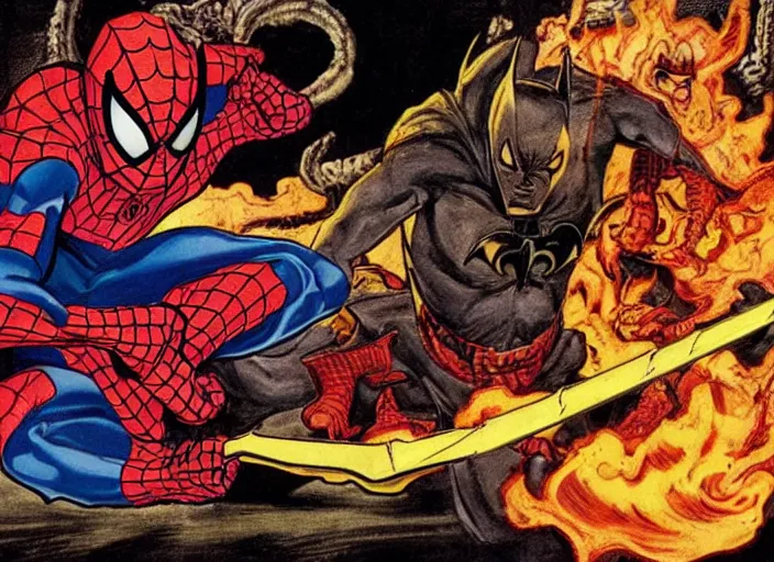 Prompt: comic art of spider - man slicing batman in half with a flaming battle axe by salvador dali and hiyao miyazaki