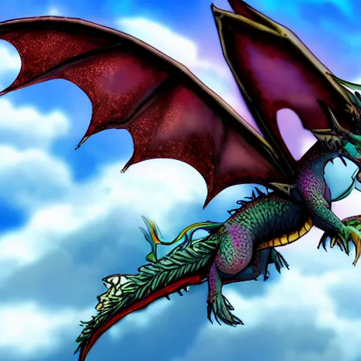 Prompt: Flight Rising Fae dragon flying among clouds