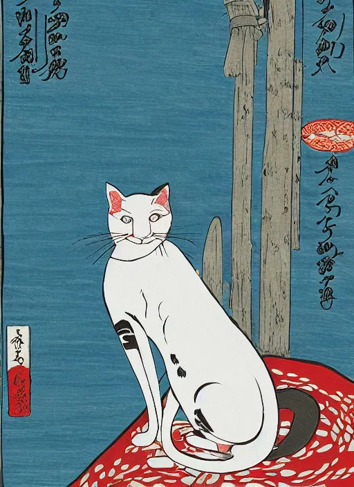 Image similar to whitecat with 2 baby white cats of utagawa hiroshige, digital painting 4 k uhd image, highly detailed