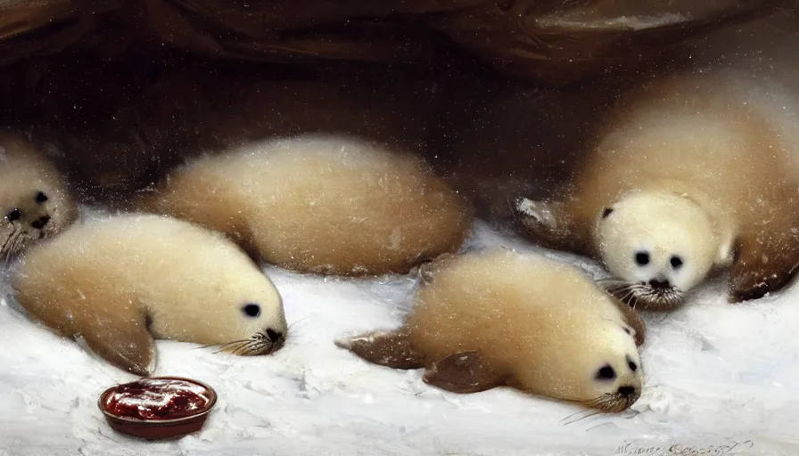 Image similar to highly detailed closeup painting of cute furry white baby seals in a pile of jam pancakes in the snow by william turner, by greg rutkowski, by william constable, thick brush strokes and visible paint layers, 4 k resolution