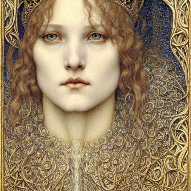 Image similar to detailed realistic beautiful young medieval queen face portrait by jean delville, gustave dore and marco mazzoni, art nouveau, symbolist, visionary, gothic, pre - raphaelite. horizontal symmetry