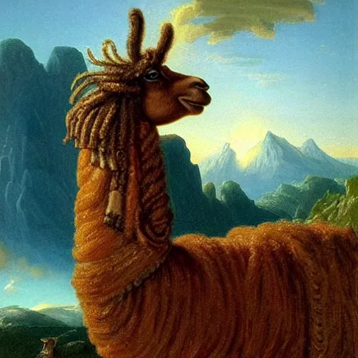 Prompt: llama with dreadlocks, heroic pose, by Thomas Cole