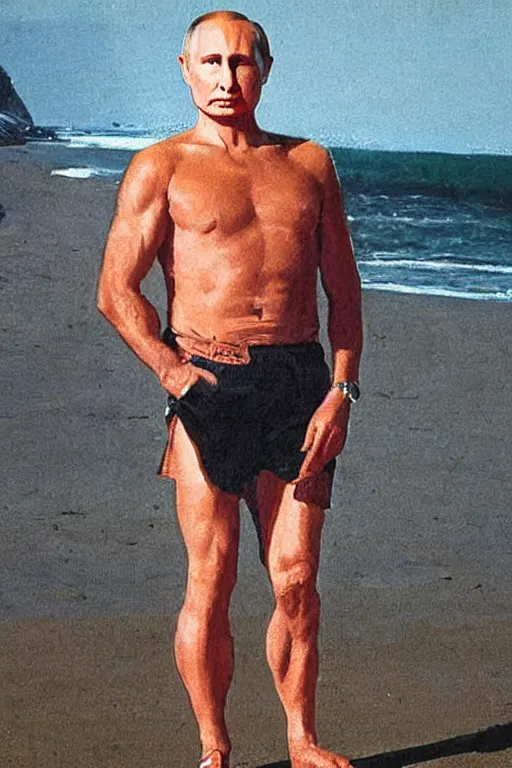 Prompt: Putin on a beach in shorts, full character, hyper realistic, highly detailed