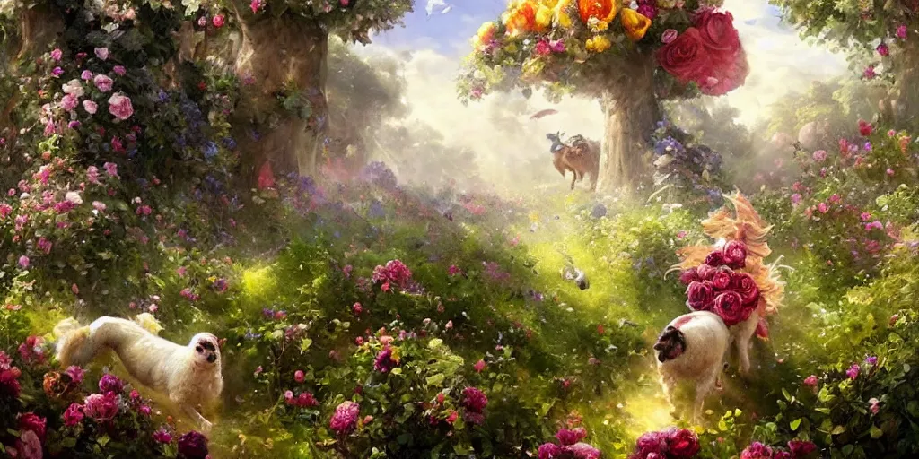 Image similar to portrait of a dog chasing sheep, running through a hedge garden of exotic flowers in the Mushroom Kingdom, giant mushrooms, and roses, from behind, streets, birds in the sky, sunlight and rays of light shining through trees, beautiful, solarpunk!!!, highly detailed, digital painting by Michael Garmash and Peter Mohrbacher