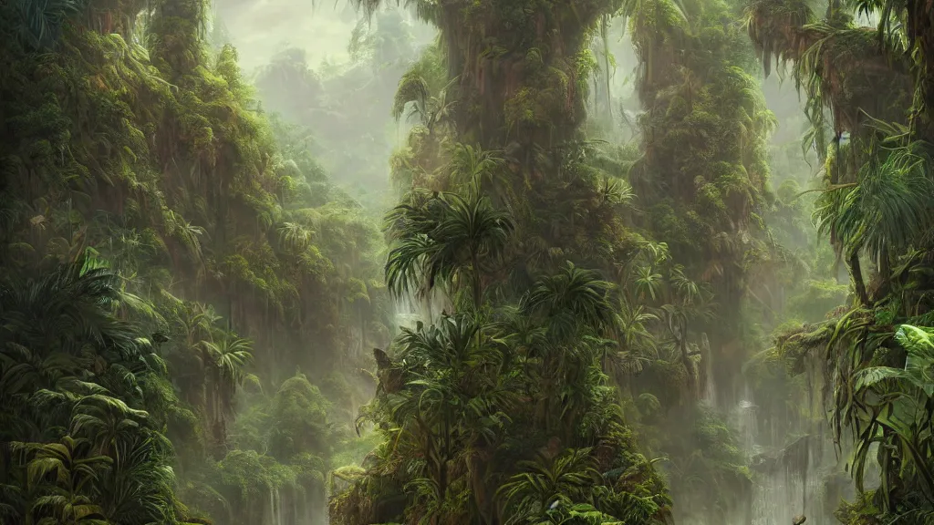 Image similar to Trending on artstation, beautiful jungle, detailed matte painting, oil on canvas