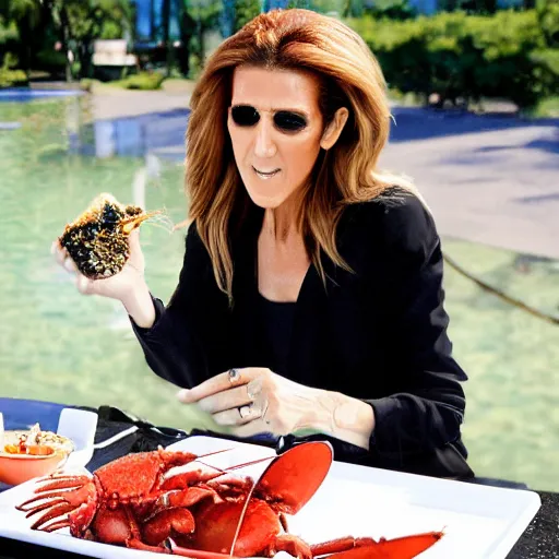 celine dion eating lobster, outside in parking lot Stable Diffusion