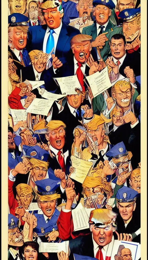 Prompt: donald trump in prison. portrait by clyde caldwell and jean giraud and anton otto fischer and john philip falter and will eisner and gil elvgren