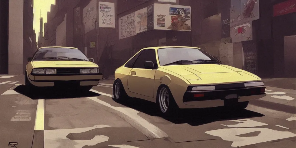 Image similar to ae 8 6 parked on a tokyo street, digital painting, masterpiece, by ilya kuvshinov, by frank frazetta, by mbius, by reiq, by hayao miyazaki