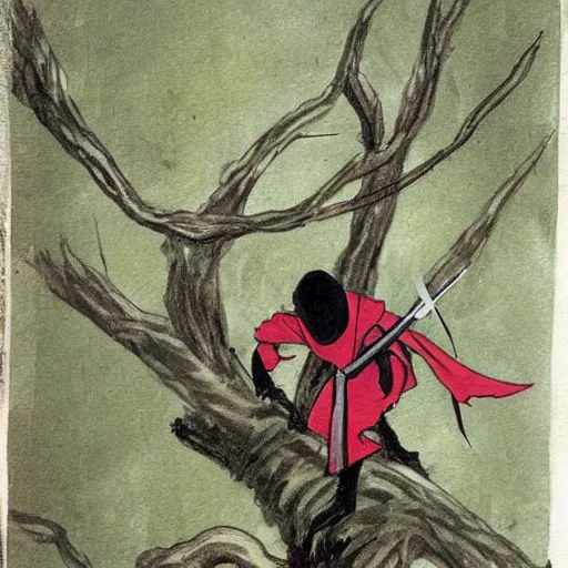 Image similar to a ninja with sword standing on a tree practicing, realistic