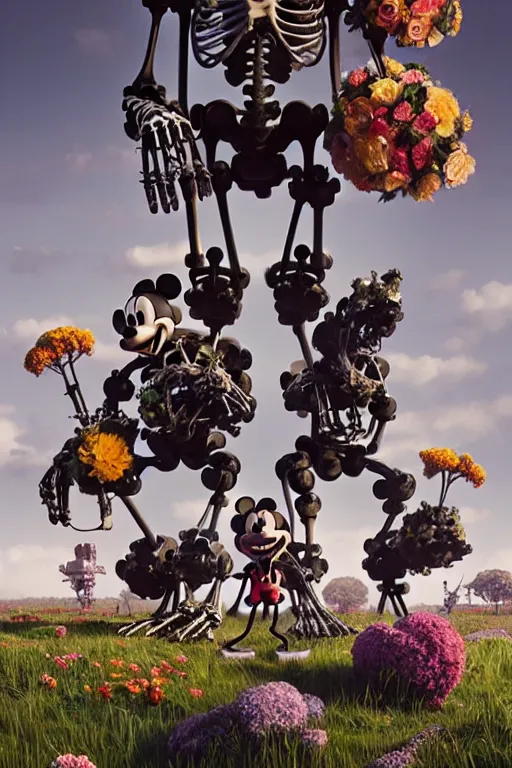 Prompt: a skeletal, mickey mouse made out of flowers and bones, taking a giant robot for a walk by beeple, nychos and arcimboldo, highly detailed octane render