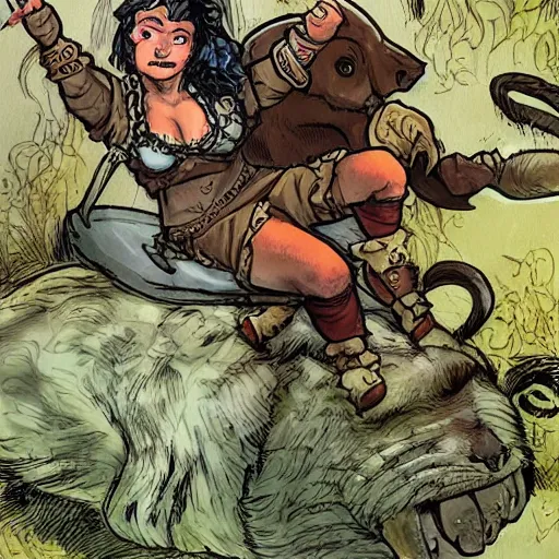 Prompt: D&D art of a female halfling rogue with hairy feet, riding on top of a panther through waterdeep, sunny afternoon, in the style of Storm comics