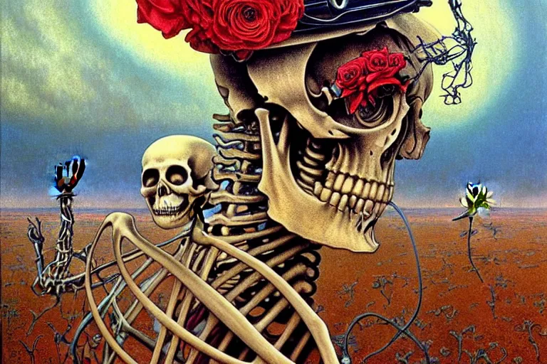 Image similar to realistic detailed portrait painting of a skeleton with a single rose wearing sci-fi helmet in a dystopian landscape by Jean Delville, Amano, Yves Tanguy, Alphonse Mucha, Ernst Haeckel, Edward Robert Hughes, Roger Dean, rich moody colours, blue eyes