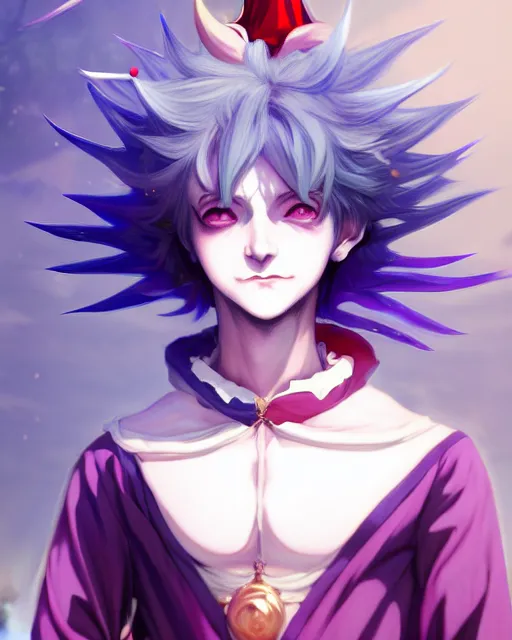 Image similar to extremely attractive soft feminine male as a jester anime character screenshot, nagito komaeda and hisoka jester, anime feminine male fool, intricate, sharp focus, illustration, highly detailed, digital painting, cell shaded, concept art, matte, art by ilya kuvshinov and kyoto animation and wlop, ruan jia, greg rutkowski, studio quality