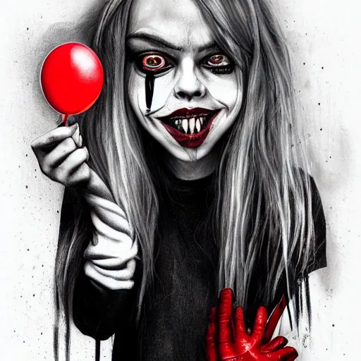 Image similar to surrealism grunge cartoon portrait sketch of billie eilish with a wide smile and a red balloon by - michael karcz, loony toons style, pennywise style, chucky style, horror theme, detailed, elegant, intricate