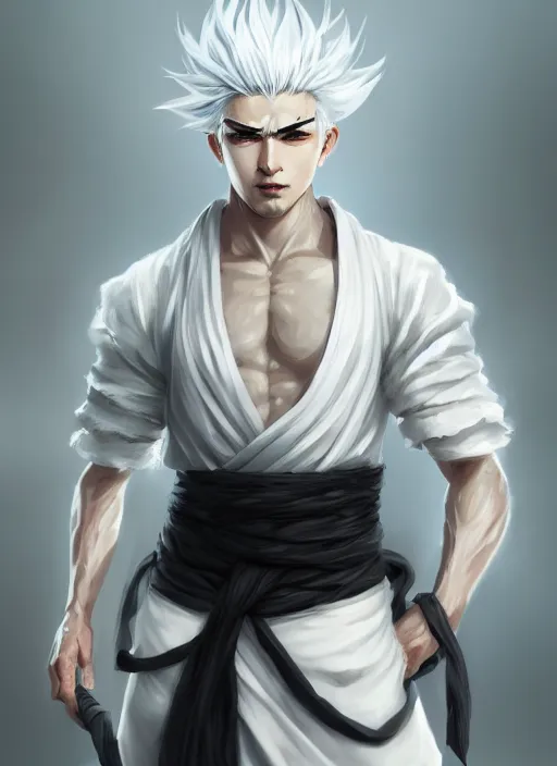 Image similar to a highly detailed illustration of fierce white haired attractive young japanese man wearing white hakama, black eyes, dramatic serious pose, muscular, intricate, elegant, highly detailed, centered, digital painting, artstation, concept art, smooth, sharp focus, league of legends concept art, wlop