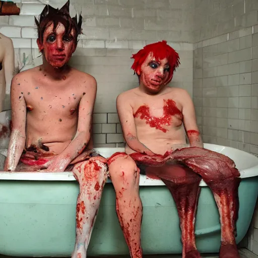 Prompt: characters from gummo sitting in a dirty bath tub with bacon taped to the wall