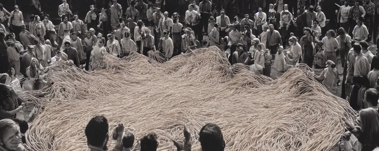 Image similar to hippies standing on a stage made of spaghetti protesting the war, 1 9 6 0's, muted, canon 5 0 mm, cinematic lighting, photography, retro, film, kodachrome