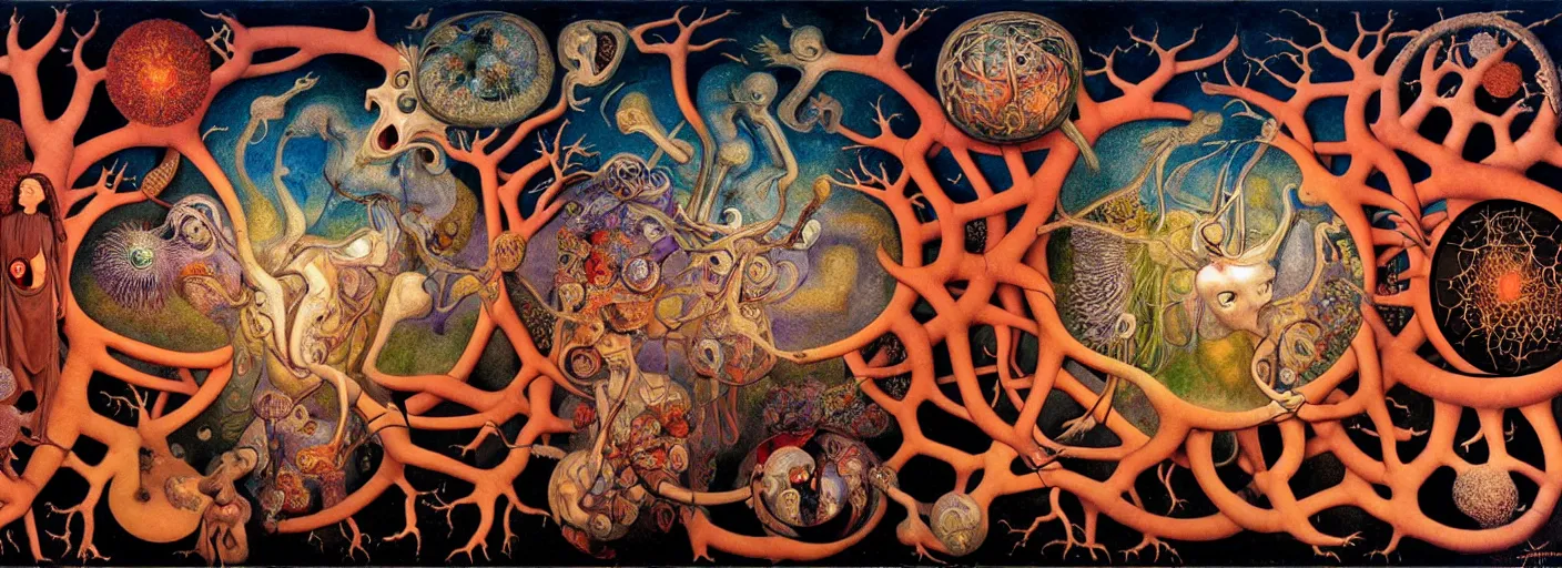 Image similar to mythical war between inner and outer forces in the visceral anatomical human heart imaginal realm of the collective unconscious, in a dark surreal mixed media oil painting by johfra, mc escher and ronny khalil, dramatic lighting from inner fire, 3 0 s cartoons by haeckel