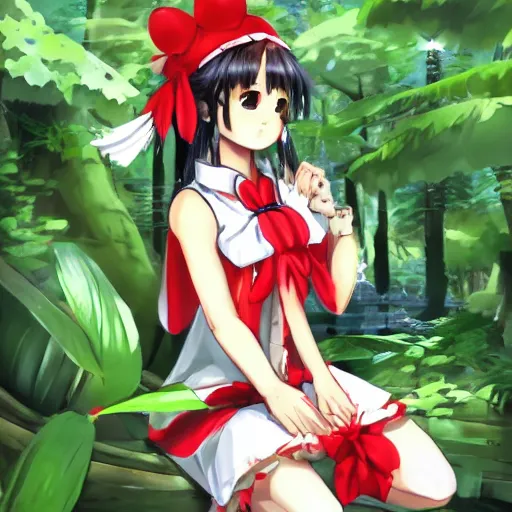 Prompt: a pixiv fantasia of reimu in the jungle wearing bonnet