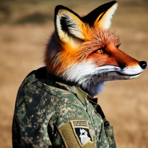 Image similar to a fox animal dressed in a modern american military soldier uniform, 8 5 mm f / 1. 4