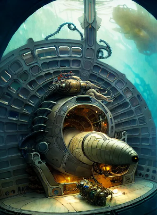 Image similar to epic concept illustration, highly detailed, intricate mechanical design, hard science concept art, underwater nautilus submarine being prepared for launch, by greg rutkowski and alphonse mucha. uhd, cinematic lighting, amazing depth, cinematography by 2 0 1 7