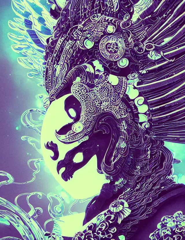 Image similar to 3 d goddess close - up profile solarpunk portrait ram skull. beautiful intricately detailed japanese crow kitsune mask and clasical japanese kimono. betta fish, jellyfish phoenix, bio luminescent, plasma, ice, water, wind, creature, artwork by tooth wu and wlop and beeple and greg rutkowski