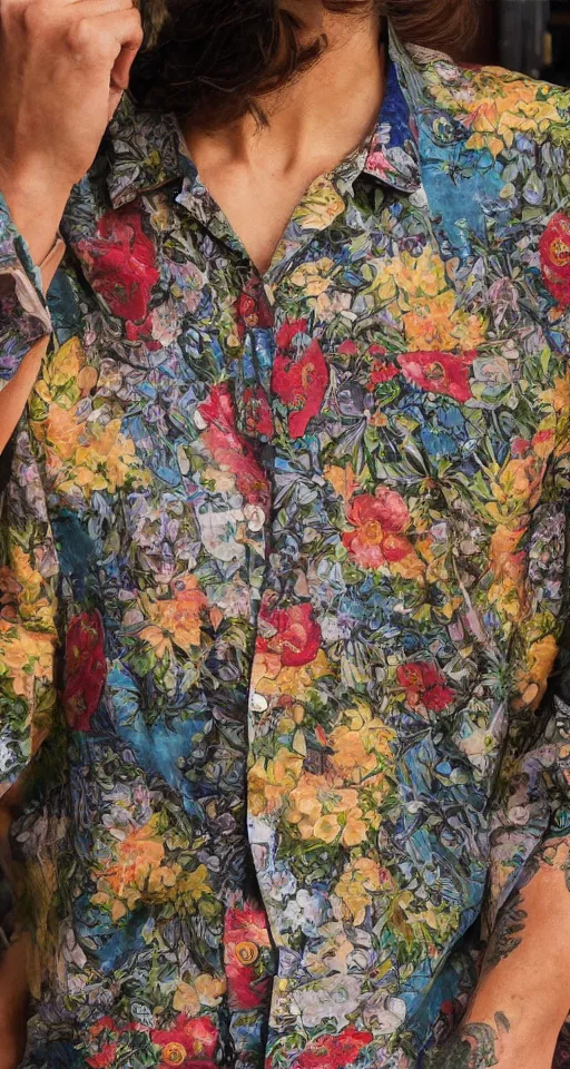 Image similar to close up of max payne floral shirt in a bar, sun shining, photo realistic illustration by greg rutkowski, thomas kindkade, alphonse mucha, loish, norman rockwell.