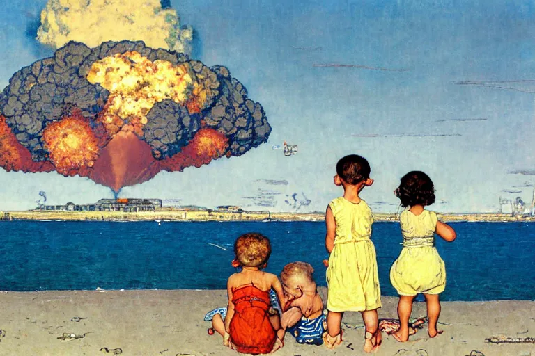 Image similar to children playing at the beach, huge atomic explosion in the background, wide angle shot, detailed, by norman rockwell, by mattias adolfsson, by moebius, oil on canvas,