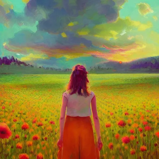 Prompt: girl with a flower face, surreal, bizzare, dreamlike, standing in flower field, in a valley, sunrise dramatic light, impressionist painting, colorful clouds, artstation, simon stalenhag